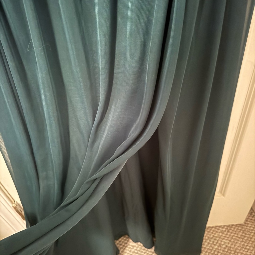 David's Bridal Green Maxi Dress juniper criss cross off the shoulder with a slit - Picture 3 of 4